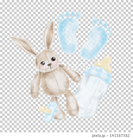 Beige bunny toy, blue baby footprints, baby bottle and pacifier watercolor illustration composition for nursery decor, greeting cards, baby albums, invitations, packaging and keepsakes. 141587382