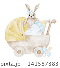 Beige baby stroller, bunny toy, blue baby bottle and pacifier watercolor illustration composition for birth announcements, nursery prints, invitations, baby gifts, branding and merchandise. 141587383