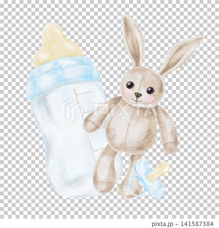 Blue baby bottle, beige bunny toy and blue pacifier watercolor illustration composition for baby shower invitations, nursery wall art, packaging, baby albums, stationery and printable products. Blue baby bottle, beige bunny toy and blue pacifier watercolor illustration composition for baby shower invitations, nursery wall art, packaging, baby albums, stationery and printable products. 141587384