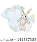 Blue baby bodysuit, beige bunny toy and baby bottle watercolor illustration composition for nursery decor, baby shower cards, gift packaging, scrapbook pages, birth announcements and branding 141587385