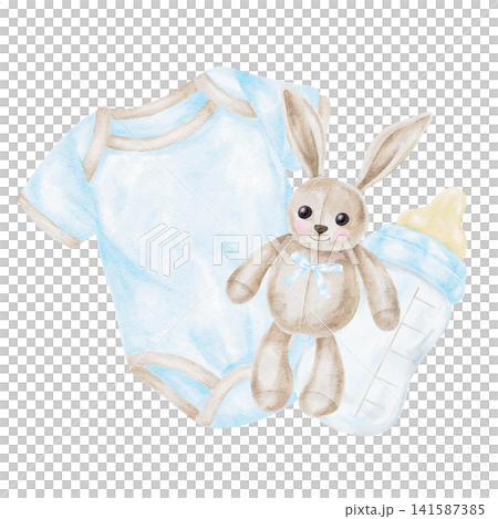 Blue baby bodysuit, beige bunny toy and baby bottle watercolor illustration composition for nursery decor, baby shower cards, gift packaging, scrapbook pages, birth announcements and branding Blue baby bodysuit, beige bunny toy and baby bottle watercolor illustration composition for nursery decor, baby shower cards, gift packaging, scrapbook pages, birth announcements and branding 141587385
