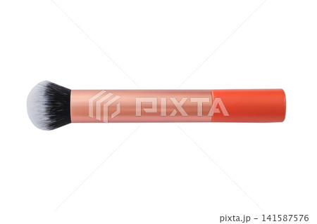 Makeup brush isolated on white background. Brush for loose powder. Beauty tutorials. Makeup guides. Top view. 141587576