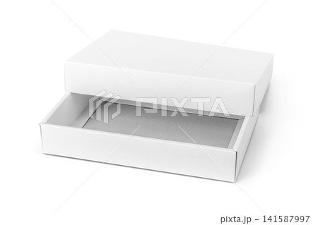 Blank open white cardboard box mockup with lid isolated on white background 141587997