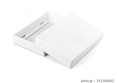 Blank open white cardboard box mockup with lid isolated on white background Blank open white cardboard box mockup with lid isolated on white background 141588002