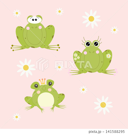 A set of vector illustrations featuring cute little green frogs. Kawaii-style frog characters. 141588295