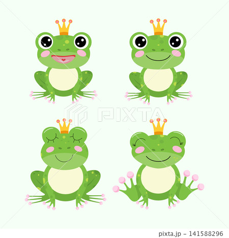 A cute set of vector cartoon frog illustrations featuring a frog prince and princess. A whimsical collection of fairytale green frogs wearing gold crowns. A cute set of vector cartoon frog illustrations featuring a frog prince and princess. A whimsical collection of fairytale green frogs wearing gold crowns. 141588296