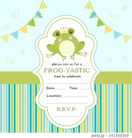 Birthday invitation template with a cute frog, a striped background, and a bunting garland. Birthday invitation template with a cute frog, a striped background, and a bunting garland. 141588300