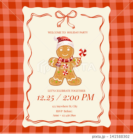 Christmas dinner invitation card template with cute gingerbread man on red plaid background Christmas dinner invitation card template with cute gingerbread man on red plaid background 141588302