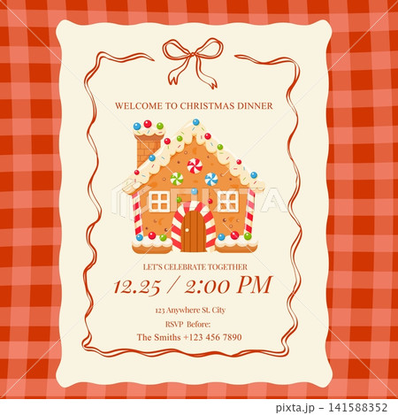 Christmas dinner invitation card template with cute gingerbread house on red checkered background. Vector holiday invitation design. 141588352