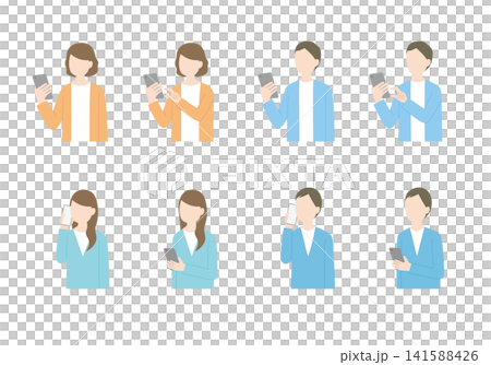 スマホ操作や電話をする男女のイラストセット スマホ操作や電話をする男女のイラストセット 141588426