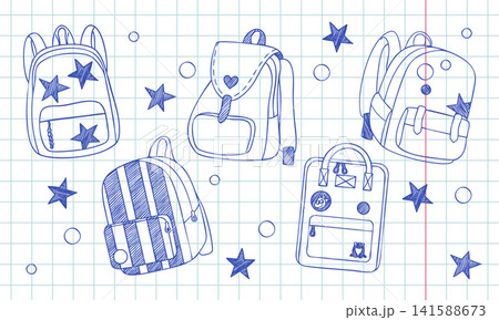 Blue ballpoint pen school backpack sketch set 141588673
