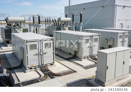 Modern electrical substation with large transformers and containerized units 141589136