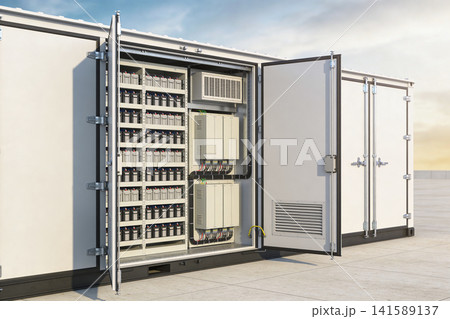 Industrial battery storage container with open doors revealing rows of batteries and electrical components 141589137