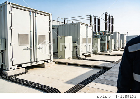 Modern electrical substation with modular containers and power distribution equipment 141589153