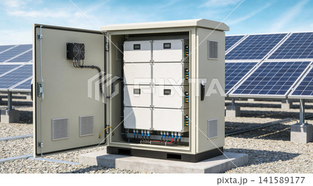 Solar power inverter cabinet with multiple units and solar panels in background 141589177