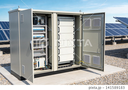 Outdoor electrical cabinet with battery storage system next to solar panels 141589183