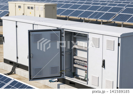 Solar power station electrical cabinet with open door and wiring inside Solar power station electrical cabinet with open door and wiring inside 141589185
