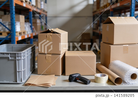 Warehouse shipping supplies and boxes ready for dispatch and fulfillment Warehouse shipping supplies and boxes ready for dispatch and fulfillment 141589205