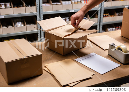 Hands packing a cardboard box with protective paper in a warehouse setting Hands packing a cardboard box with protective paper in a warehouse setting 141589208