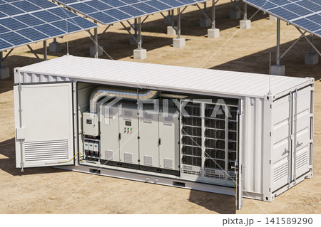 Containerized energy storage system connected to solar panels at a power plant Containerized energy storage system connected to solar panels at a power plant 141589290