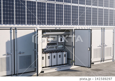 Modern solar energy storage system with battery bank and control panel 141589297