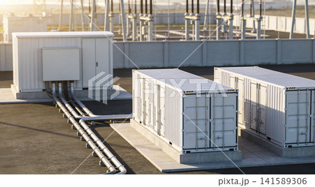 Modern electrical substation with battery storage containers and power lines 141589306
