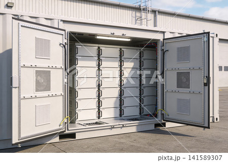 Large scale battery storage system in a shipping container with doors open 141589307