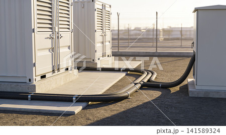 Industrial battery storage units connected by flexible conduits under sunlight Industrial battery storage units connected by flexible conduits under sunlight 141589324