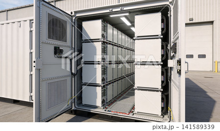 Industrial containerized battery energy storage system with rows of modules 141589339