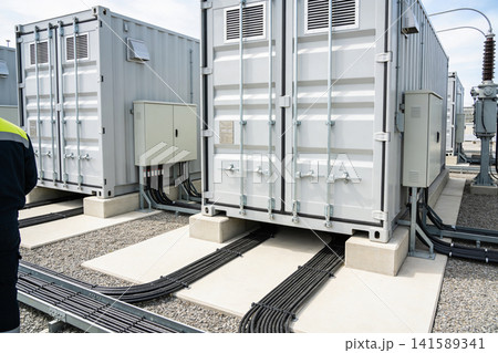 Modern industrial containers with electrical cables and power distribution equipment Modern industrial containers with electrical cables and power distribution equipment 141589341