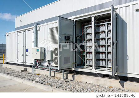 Modern industrial battery storage system with open cabinet revealing rows of cells Modern industrial battery storage system with open cabinet revealing rows of cells 141589346