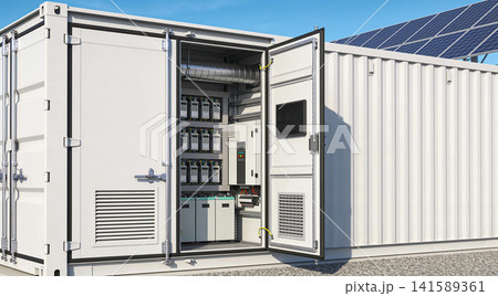 Modern energy storage container with solar panels and electrical equipment 141589361