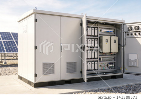 Outdoor electrical cabinet with solar panels in the background 141589373