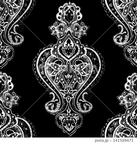Seamless Vintage Lace Pattern with Ornamental Damask Motif, Decorative Vector Overlay, Victorian Baroque Textile Background, Elegant Floral Filigree Repeat Design 141589471