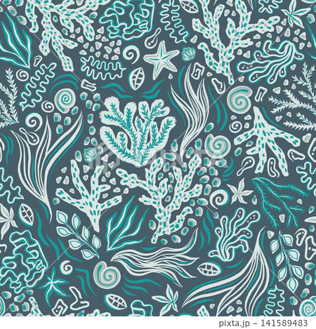 Underwater Seashells and Coral Seaweed Summer Seamless Pattern, Vector Marine Sea Life Illustration Turquoise Green Monochrome Bohemian Fashion Fabric Textile Design or Wrapping Paper Backgrounds Underwater Seashells and Coral Seaweed Summer Seamless Pattern, Vector Marine Sea Life Illustration Turquoise Green Monochrome Bohemian Fashion Fabric Textile Design or Wrapping Paper Backgrounds 141589483