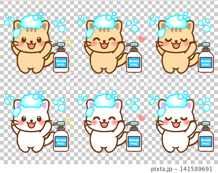 Illustration set of 2 cats getting shampooed in the bath. Illustration set of 2 cats getting shampooed in the bath. 141589691