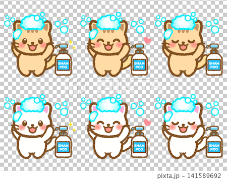 Illustration set of 3 cats getting shampooed in the bath. Illustration set of 3 cats getting shampooed in the bath. 141589692