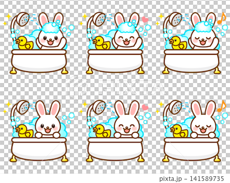 A set of illustrations of a rabbit taking a bath. 141589735