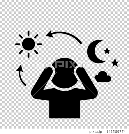 昼夜逆転や睡眠リズムの乱れに悩む人のピクトグラム(黒) 昼夜逆転や睡眠リズムの乱れに悩む人のピクトグラム(黒) 141589774