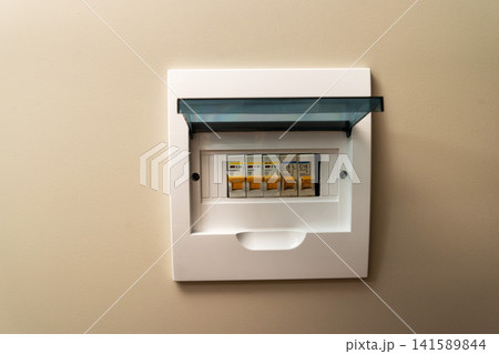 Electrical circuit breaker panel on a wall in a house Electrical circuit breaker panel on a wall in a house 141589844