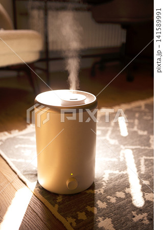 Modern white humidifier emitting steam on wooden floor in a cozy living room with a patterned rug and soft armchair in the background Modern white humidifier emitting steam on wooden floor in a cozy living room with a patterned rug and soft armchair in the background 141589991