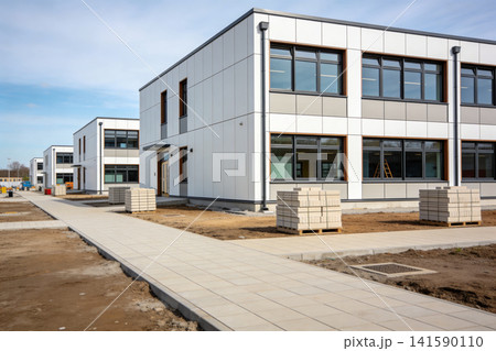 Modern school buildings under construction with paved walkways and building materials Modern school buildings under construction with paved walkways and building materials 141590110