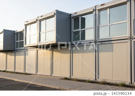 Modern modular container building with stacked units and large windows Modern modular container building with stacked units and large windows 141590134