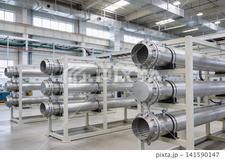 Industrial manufacturing facility with large metal pipes and ventilation systems Industrial manufacturing facility with large metal pipes and ventilation systems 141590147