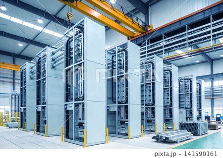 Industrial electrical control cabinets and power distribution systems in a modern factory 141590161