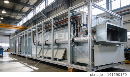 Industrial HVAC unit with complex piping and ventilation system in a factory Industrial HVAC unit with complex piping and ventilation system in a factory 141590170