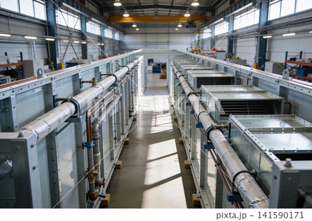 Industrial ventilation system with large pipes and air handling units in a factory Industrial ventilation system with large pipes and air handling units in a factory 141590171