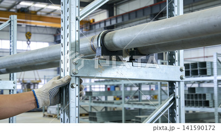 Worker's gloved hand inspecting large metal pipes on industrial shelving 141590172