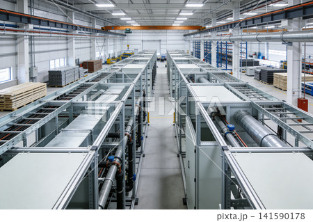 Modern industrial facility with rows of server racks and complex piping systems Modern industrial facility with rows of server racks and complex piping systems 141590178