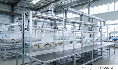Modern assembly line workstations with ventilation systems and organized storage 141590181